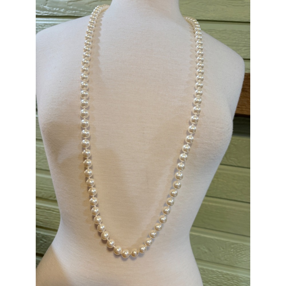 RMN Faux Pearl Strand Necklace Cream Opera Length Hand Knotted 36 Inch